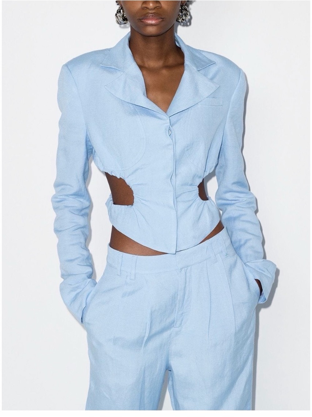 Guizio Cutout Tailored Crop Jacket and Trousers Set - Light Blue